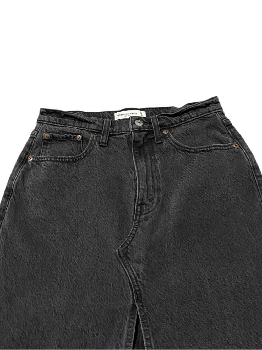 Abercrombie High Rise Denim Midi Skirt 27 Washed Black Front Slit 90s Minimalist - Picture 3 of 8